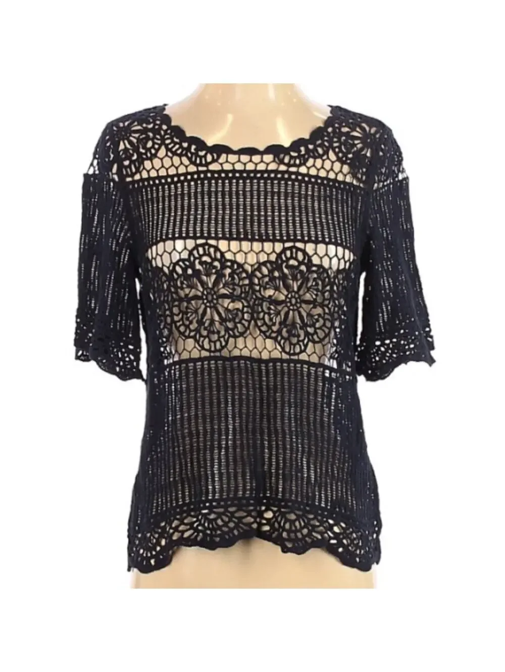 Anthropologie James Coviello Small Navy Blue Open Crochet Cotton Short Sleeve